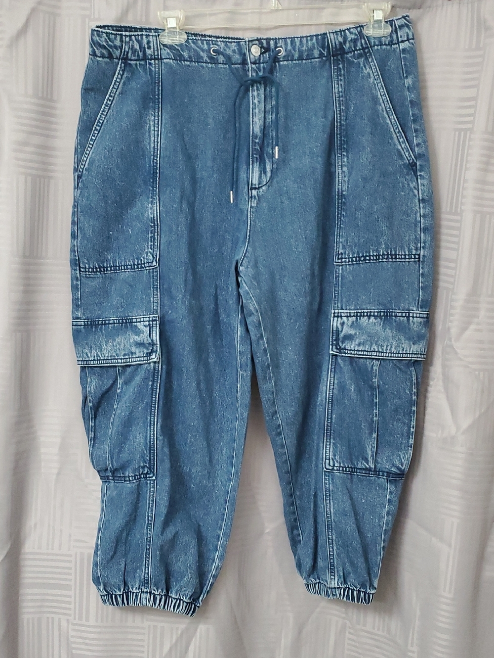 Blue Denim Barrel Leg Cargo Joggers